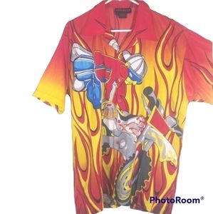 Sun & Moon Graphic Motorcycle Men Button Down Short Sleeves Shirt. Size L